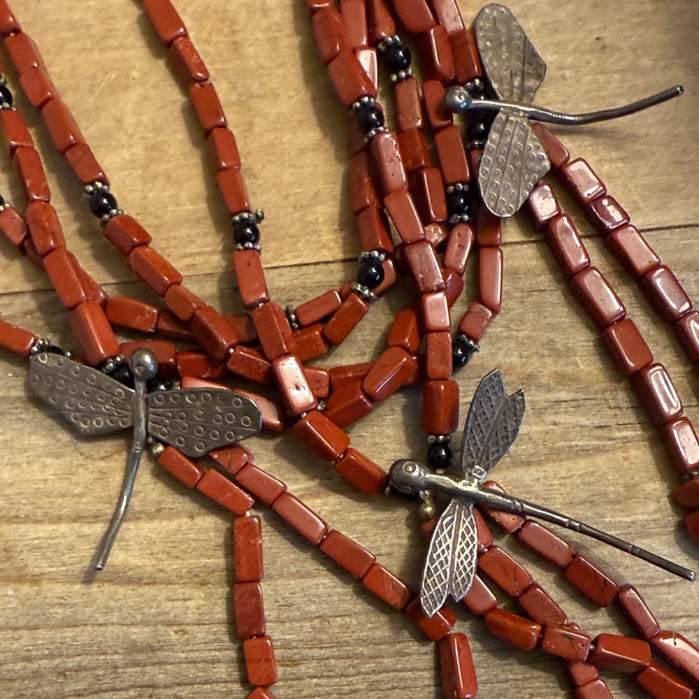 Dragonfly Charm Red Natural Stone and Silver Necklace